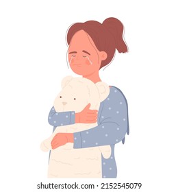 Upset crying girl hugging bear toy. Sitting alone, anxiety and depression vector illustration
