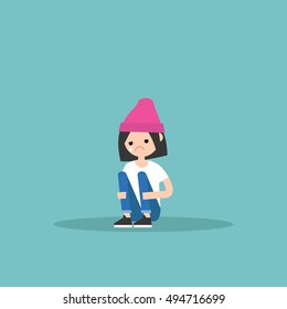 Upset crying girl sitting and hugging her knees / editable flat vector illustration
