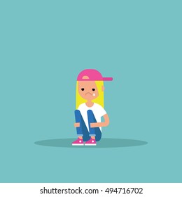 Upset crying girl sitting and hugging her knees / editable flat vector illustration