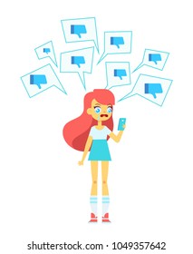 Upset crying girl with social media dislike icons around. Thumbs Down.  Virtual haters concept. Flat vector illustration.

