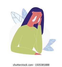 Upset Crying Woman Cartoon Vector Illustration. Young Sad Weeping Girl, Lonely Person. Female Flat Character Suffering from Depression and Loneliness. Unhappy Lady, Anxiety Mental Disorder