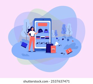 Upset customer shopping for clothes online vector illustration. Cartoon drawing of woman returning bag, negative environmental impact, clothes on grass. Online shopping, fashion, environment concept