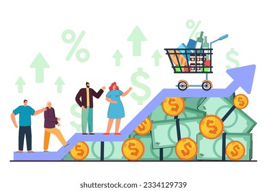 Upset customers and arrow of rising food prices. Shopping cart with products on top, sad buyers complaining about cost, pile banknotes vector illustration. Inflation, finances, economy concept