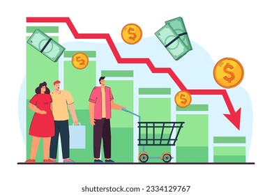 Molestos clientes con la caída del gráfico del poder adquisitivo. Pareja y hombre con carrito de la compra, estadísticas de gastos ilustración vectorial. Finanzas, crisis financiera, economía, concepto de recesión