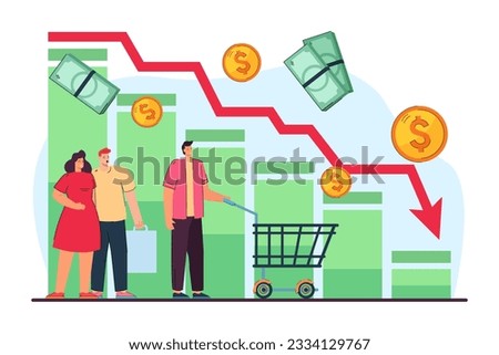 Upset customers with falling purchasing power graph. Couple and man with shopping cart, expenses statistics vector illustration. Finances, financial crisis, economy, recession concept