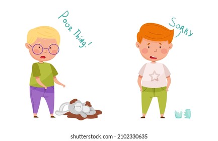 Upset cute little boys saying sorry set. Good manners of kids cartoon vector illustration