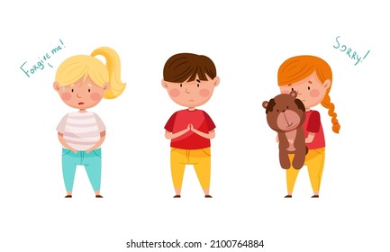 Upset cute little children saying sorry set. Good manners of kids cartoon vector illustration