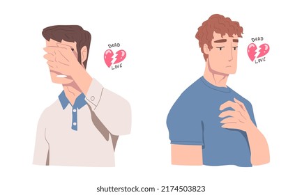 Upset depressed people with broken heart. Guys feeling sad about relationship problems cartoon vector illustration