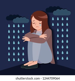 upset and depressed woman with falling rain