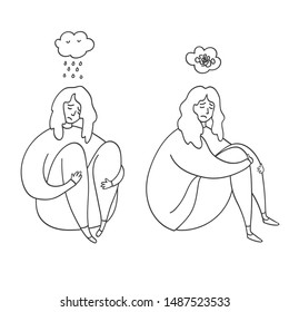 Upset and depressed women hug legs. Set of sad and depressed girls sitting. Heartbreak and sad doodle women. Concept of stress, sadness, depression, metaphor isolated on white background outline