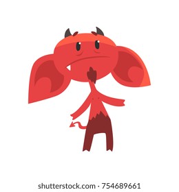 Upset devil character with big drooping ears, horns, tail and beard. Comic red demon in flat style