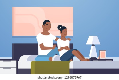 upset disappointed girlfriend feels offended african american couple sitting in bed worried bad relationship problem concept modern bedroom interior flat horizontal