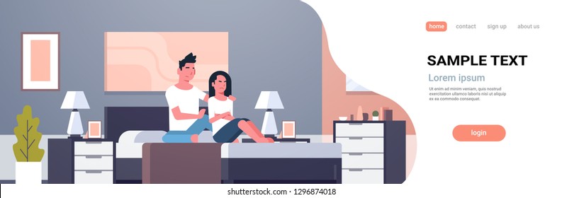 upset disappointed girlfriend feels offended couple sitting in bed worried bad relationship problem concept modern bedroom interior flat horizontal banner copy space