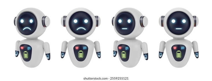 Upset or displeased robot personage with sad emotion on display. Vector isolated set of realistic robots characters. Cute minimalist toy with emotional response and mean of communication