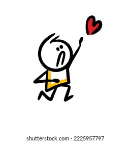 Upset doodle character running and catching a flying heart. Vector illustration of unhappy guy loosing love.