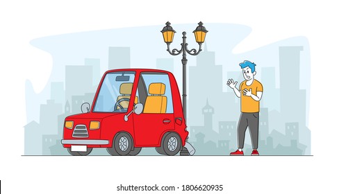 Molesto conductor tras accidente de coche en carretera, estresado pie de grito de caracter masculino en la carretera de la bomba de automóvil en la posición de la lámpara. Situación del seguro, habitante de la ciudad en tráfico. Ilustración de vectores lineales