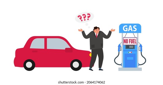 verärgerter Fahrer und sein Auto in der Nähe der Tankstelle ohne Tankzeichen, KrisenVektorgrafik