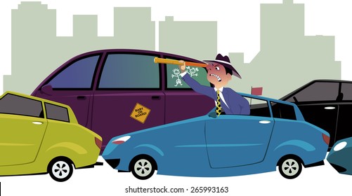 Upset driver, sitting in a traffic jam, looking out of his car with a spy-glass, cityscape on the background, vector illustration, no transparencies, EPS 8