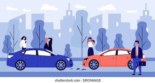 Conductores insatisfechos parados cerca de autos destrozados. Accidente vial, accidente de tráfico, colisión. Ilustración vectorial plana. Transporte, seguro, concepto de naufragio para banner, diseño de sitio web o página web de aterrizaje