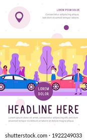 Upset drivers standing near crashed cars. Road accident, traffic crash, collision. Flat vector illustration. Transportation, insurance, wreck concept for banner, website design or landing web page