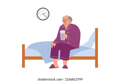 Upset elderly man sitting on bed with glass of water flat style, vector illustration isolated on white background. Late time on clock, insomnia concept