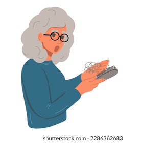 Upset elderly or old woman with fallen hair on a comb. Alopecia. Vector illustration