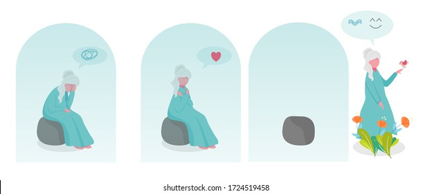 Upset Elderly Woman Sit On Chair Inside Glass Dome. Self Healing With Butterfly Hug. Therapy Depress Or Mental Sickness With Nature. Elderly Mental Health Concept. Cartoon Flat Vector Illustration.