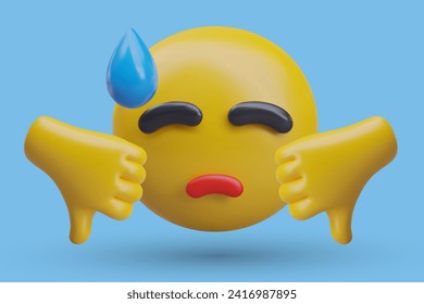 Upset emoticon, hands showing thumbs down. Character is crying. Sadness, grief, trouble. Disappointing, bad choice. Failure, insult. Human reaction vector symbol