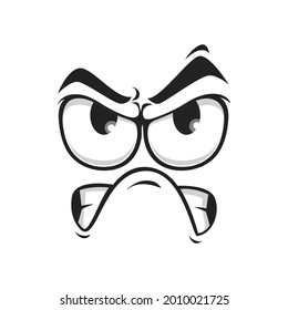 Upset emotion, wrathy sad emoji with closed toothy mouth, angry isolated face. Vector grumpy sullen emoji, ireful or rageful emoticon. Irritated angry face in bad mood, emoji with eyebrows up