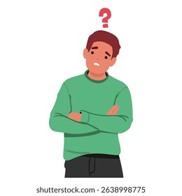 Upset emotional man cartoon character with question mark overhead frowning thinking about trouble isolated on white. Portrait of confused puzzled guy having deep frustration vector illustration
