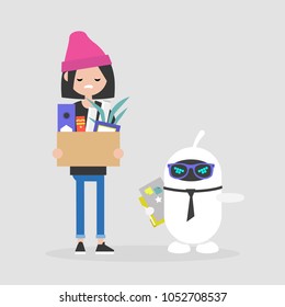 Upset employee fired by a robot. Competition between human brain and artificial intelligence. Technology. Concept. Flat editable vector illustration, clip art