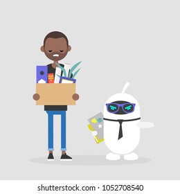 Upset employee fired by a robot. Competition between human brain and artificial intelligence. Technology. Concept. Flat editable vector illustration, clip art