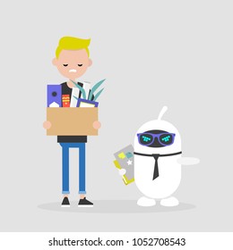 Upset employee fired by a robot. Competition between human brain and artificial intelligence. Technology. Concept. Flat editable vector illustration, clip art