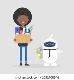 Upset employee fired by a robot. Competition between human brain and artificial intelligence. Technology. Concept. Flat editable vector illustration, clip art