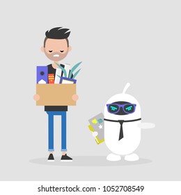 Upset employee fired by a robot. Competition between human brain and artificial intelligence. Technology. Concept. Flat editable vector illustration, clip art