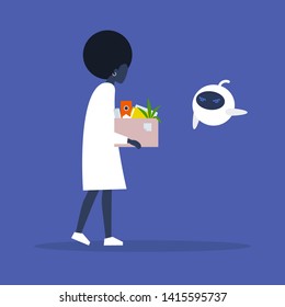 Upset employee fired by a robot. Black female character. Competition between human brain and artificial intelligence. Technology. Concept. Flat editable vector illustration, clip art