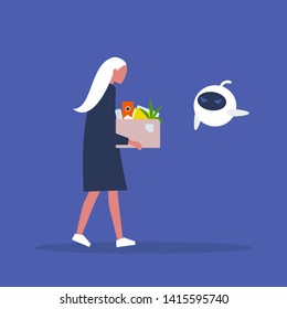 Upset employee fired by a robot. Blonde female character. Competition between human brain and artificial intelligence. Technology. Concept. Flat editable vector illustration, clip art