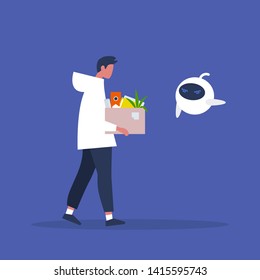 Upset employee fired by a robot. Caucasian male character. Competition between human brain and artificial intelligence. Technology. Concept. Flat editable vector illustration, clip art
