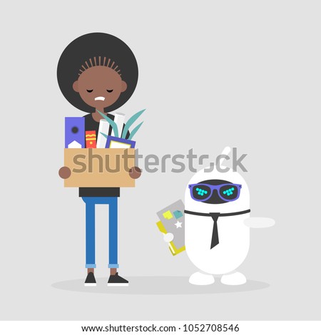 Upset employee fired by a robot. Competition between human brain and artificial intelligence. Technology. Concept. Flat editable vector illustration, clip art