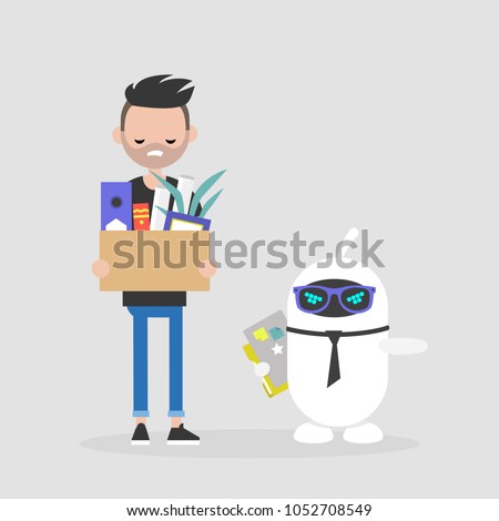 Upset employee fired by a robot. Competition between human brain and artificial intelligence. Technology. Concept. Flat editable vector illustration, clip art