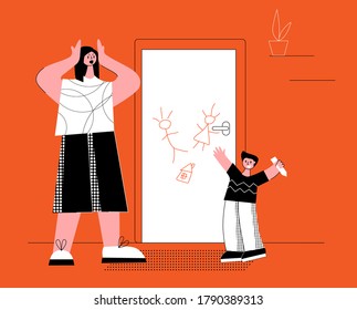 Upset exhausted mother with naughty kids. Brawl in the Family.The negative aspects of family relationships.