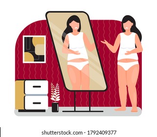 Upset and fat girl is looking in mirror. Obesity concept vector. Depression,  mental, disorder problems. Starting a diet illustration. Overweight woman  is unhappy with her reflection in the mirror. 