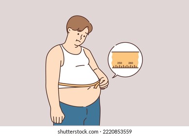 Upset fat man measure belly with tape suffer from excessive weight. Unhappy overweight male distressed with big abdomen need diet. Vector illustration. 