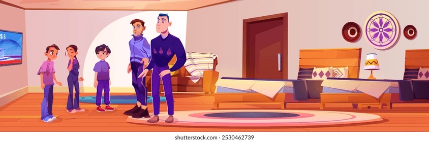 Pais irritados e crianças adolescentes travessas no quarto. Ilustração em desenho animado vetorial de homens tristes com rostos sérios preocupados com o problema com adolescentes, família em quarto de hotel leve com camas e tv na parede