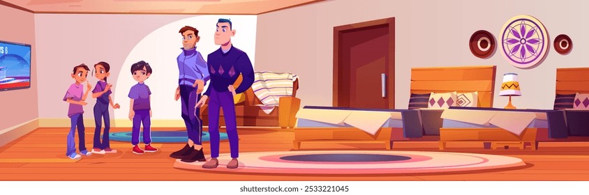 Padres molestos e hijos adolescentes traviesos en el dormitorio. Ilustración de dibujos animados de Vector de hombres tristes con caras serias preocupados por el problema con los adolescentes, familia en habitación de hotel ligero con camas y TV en la pared