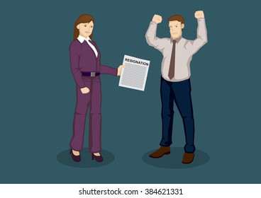 Upset female business executive handing to angry employer a letter of resignation. Cartoon vector illustration on job resignation on terms concept isolated on green background.