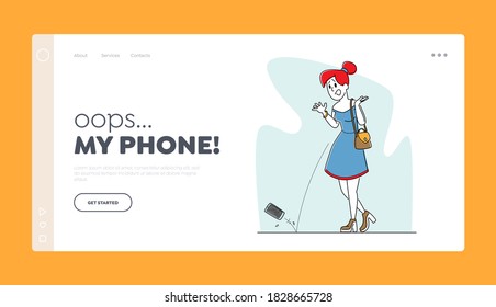 Upset Female Character Drop Smartphone on Ground Landing Page Template. Woman with Broken Gadget. Unlucky Situation, Girl Fall Down Cellphone Express Negative Emotion. Linear Vector Illustration