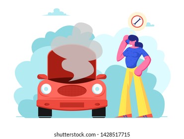 Upset Female Character in Road Accident with Broken Car Call by Mobile Phone to Repair Mechanic Service Standing near Transport with Open Hood and Smoke Going out. Cartoon Flat Vector Illustration