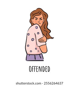 Upset female personage looking at side angrily. Vector flat cartoon character, isolated woman with frowning face. Offended or moody girl hugging her shoulder. Grumpy and touchy emotional lady