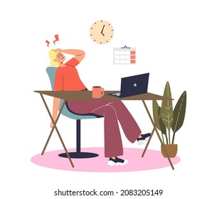 Upset Female Worker Feel Angry, Stressed And Frustrated Working On Laptop Computer In Office. Overwhelmed Woman Employee Suffer From Stress. Cartoon Flat Vector Illustration